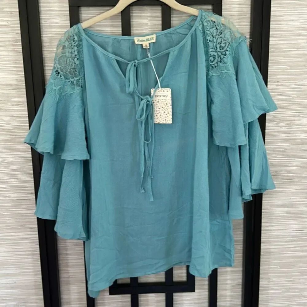 NWT Cotton Bleu slate blue peasant style blouse with lace shoulder detail size M
